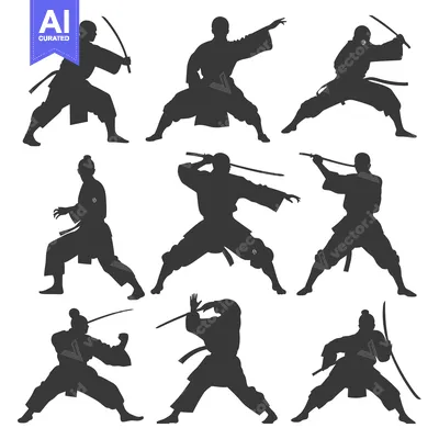 Silhouettes of Eight Martial Arts Practitioners in Fighting Stances Ho