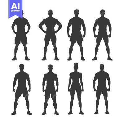 Silhouettes of Eight Muscular Men in Shorts and Sneakers