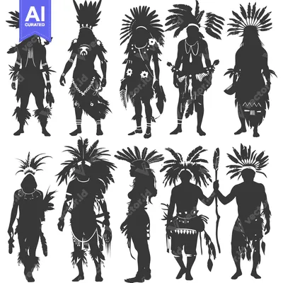 Aset desain premium: Silhouettes of Eight Native Americans in Traditional Headdresses and A