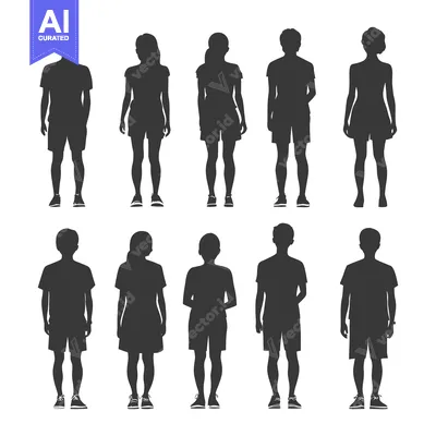 Aset desain premium: Silhouettes of Eight People in Casual Clothing Standing in a Row