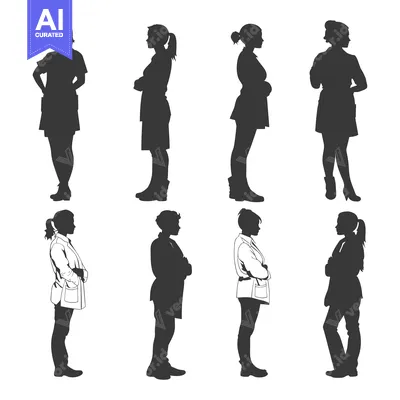 Aset desain premium: Silhouettes of Eight People Standing in Profile with Arms Crossed