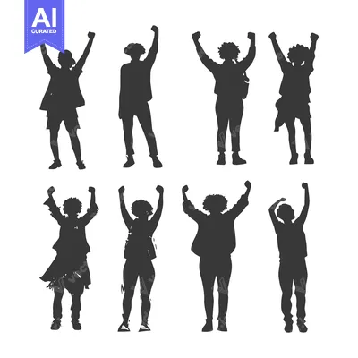 Silhouettes of Eight People With Arms Raised in Celebration