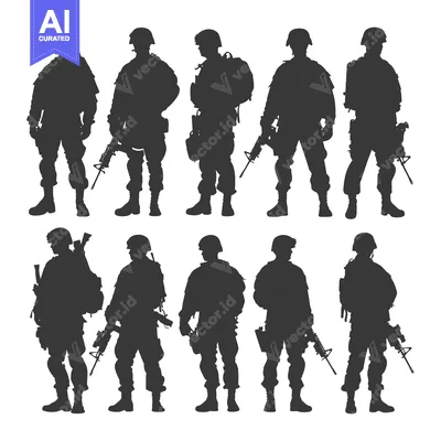 Premium design asset: Silhouettes of Eight Soldiers in Various Poses, Holding Rifles and Bac