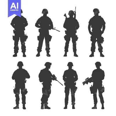 Silhouettes of Eight Soldiers in Various Poses with Rifles