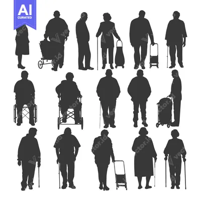 Aset desain premium: Silhouettes of Elderly People Using Mobility Aids