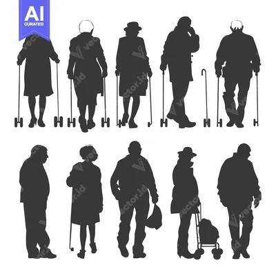 Silhouettes of Elderly People with Walking Aids and Shopping Cart