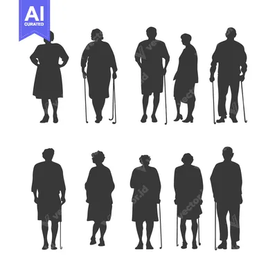 Aset premium populer: Silhouettes of Elderly People with Walking Sticks