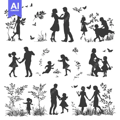 Silhouettes of Families and Couples Enjoying Nature with Butterflies