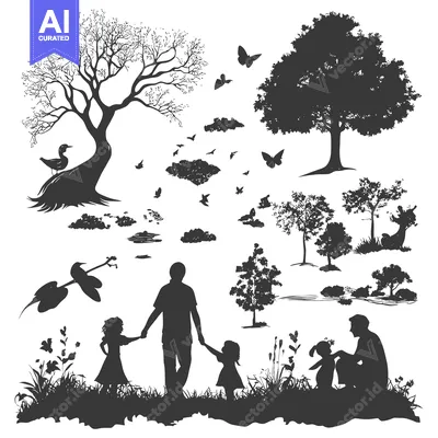 Silhouettes of Families in a Forest Setting with Birds and Butterflies