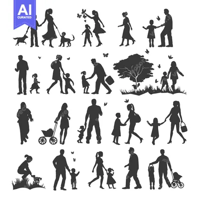 Aset desain premium: Silhouettes of Families with Children Walking and Playing