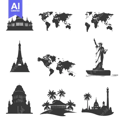 Silhouettes of Famous Landmarks and World Map