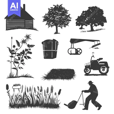 Aset premium populer: Silhouettes of Farm Elements, Including a House, Trees, Plants, Hay, T