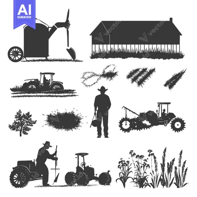 Aset desain premium: Silhouettes of Farm Equipment, Buildings, and Farmers