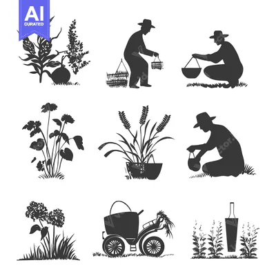Aset desain premium: Silhouettes of Farmers Harvesting Plants and Crops with Baskets
