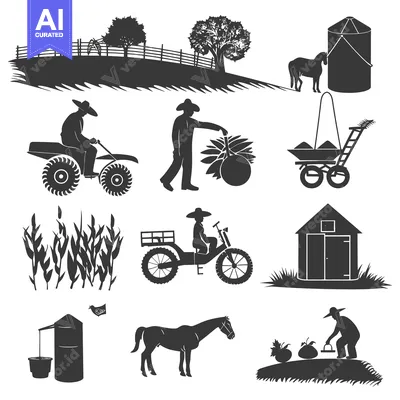 Aset desain premium: Silhouettes of Farm Workers, Animals, and Buildings