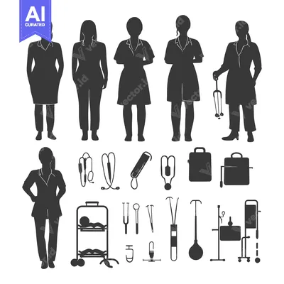 Aset premium populer: Silhouettes of Female Doctors and Medical Equipment