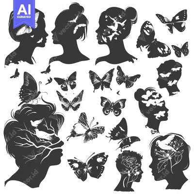 Aset desain premium: Silhouettes of Female Faces with Butterflies and Birds
