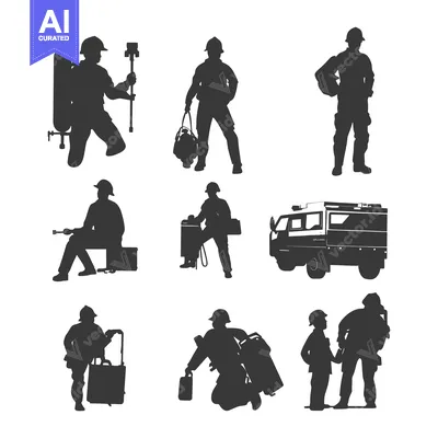 Silhouettes of Firefighters and a Fire Truck