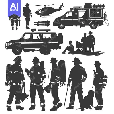 Silhouettes of Firefighters and Emergency Vehicles