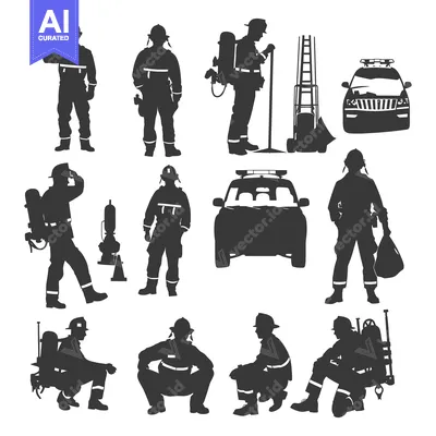 Silhouettes of Firefighters in Various Poses with Equipment and a Fire