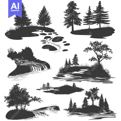 Silhouettes of Forest Landscapes with Waterfalls and Streams