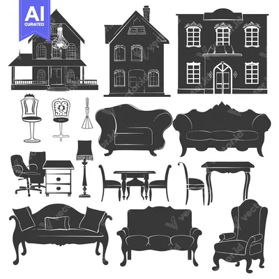 Silhouettes of Houses, Furniture, and Interior Design Elements