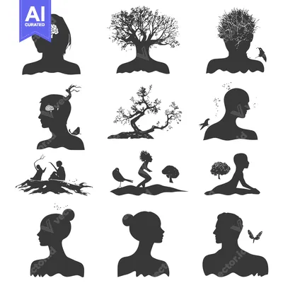 Premium design asset: Silhouettes of Human Figures with Trees and Birds