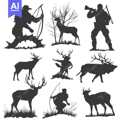 Silhouettes of Hunters and Deer in a Forest Setting