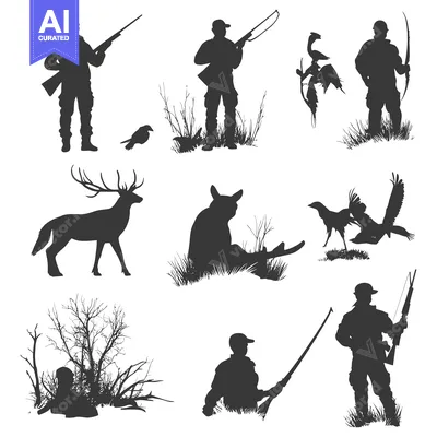 Silhouettes of Hunters, Deer, and Birds in a Forest Setting