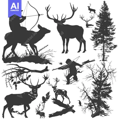 Premium design asset: Silhouettes of Hunters, Deer, and Trees in a Forest Setting