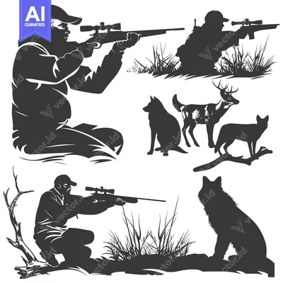 Silhouettes of Hunters with Rifles Aiming at Deer and Wolves in a Fore