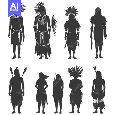 Aset desain premium: Silhouettes of Indigenous Peoples in Traditional Attire
