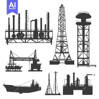 Silhouettes of Industrial Structures: Refinery, Oil Rig, Crane, and Sh