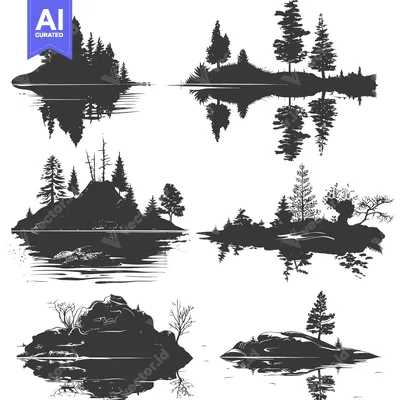 Silhouettes of Islands and Trees Reflecting in Water