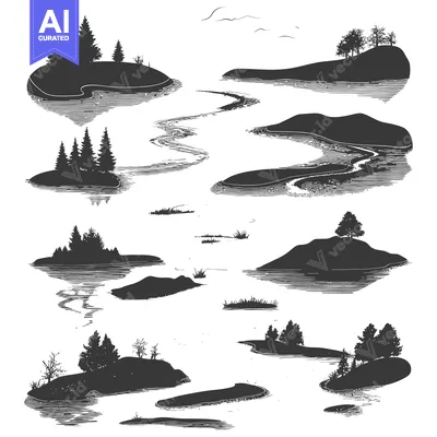 Aset desain premium: Silhouettes of Islands with Trees and Water Reflecting the Landscape