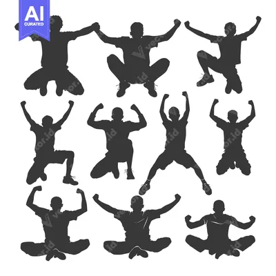 Silhouettes of Jumping People with Arms Raised in Celebration