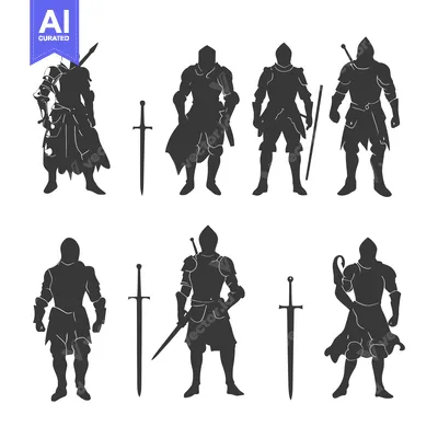 Silhouettes of Knights in Full Armor with Swords
