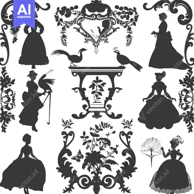 Silhouettes of Ladies, Birds, and Ornamental Designs