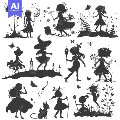 Aset premium populer: Silhouettes of Magical Girls and Animals in a Whimsical Forest
