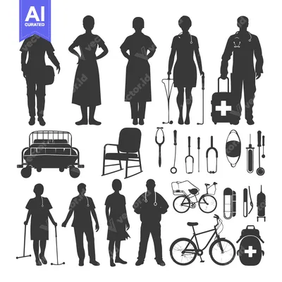 Aset desain premium: Silhouettes of Medical Personnel, Equipment, and Patients