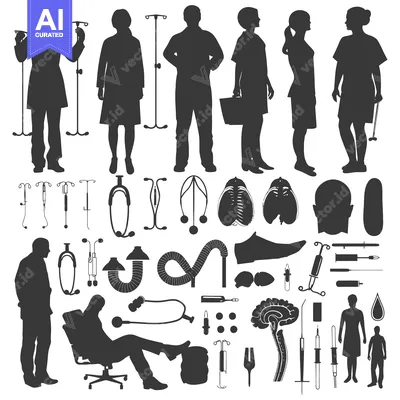 Silhouettes of Medical Professionals, Equipment, and Anatomical Struct