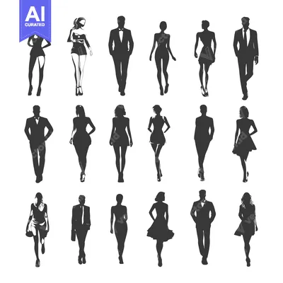 Aset premium populer: Silhouettes of Men and Women in Fashionable Attire Walking