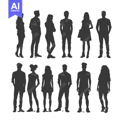 Aset desain premium: Silhouettes of Men and Women Standing in Two Rows