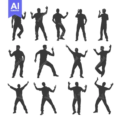 Aset desain premium: Silhouettes of Men in Various Poses with Hands Raised