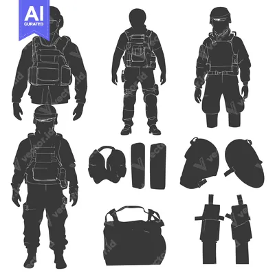 Silhouettes of Military Personnel in Full Gear with Equipment