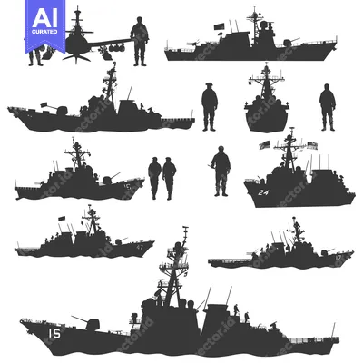 Aset desain premium: Silhouettes of Military Ships and Personnel