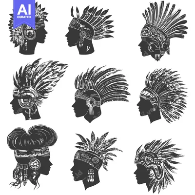 Aset desain premium: Silhouettes of Native American People Wearing Traditional Headdresses