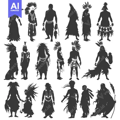 Aset desain premium: Silhouettes of Native Americans in Traditional Headdresses and Clothin