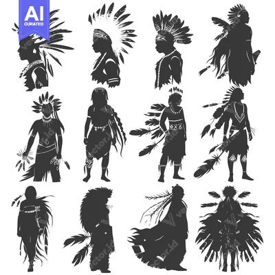 Silhouettes of Native American Warriors in Traditional Headdresses