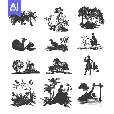 Aset desain premium: Silhouettes of Nature and People in Various Settings